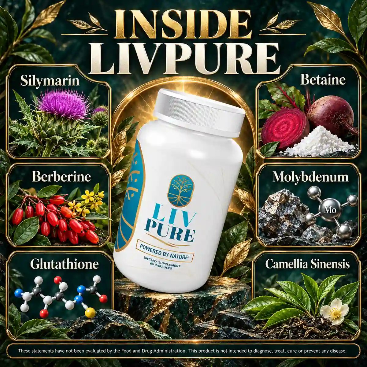The Inside LivPure marketing panel naming silymarin, betaine, berberine, molybdenum, glutathione and camellia sinensis around a white bottle, with the FDA disclaimer along the bottom